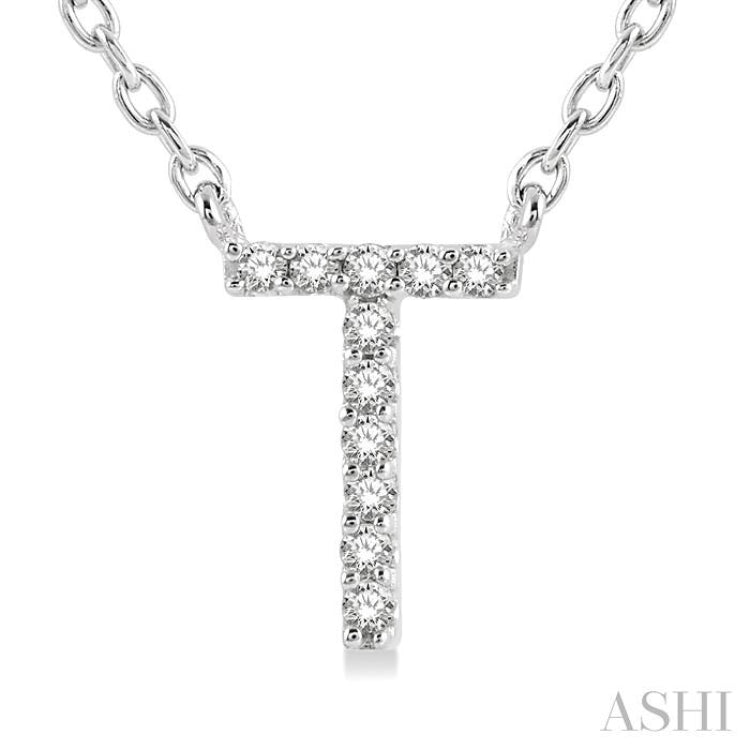 1/20 Ctw Initial 'T' Round Cut Diamond Pendant With Chain in 10K White Gold