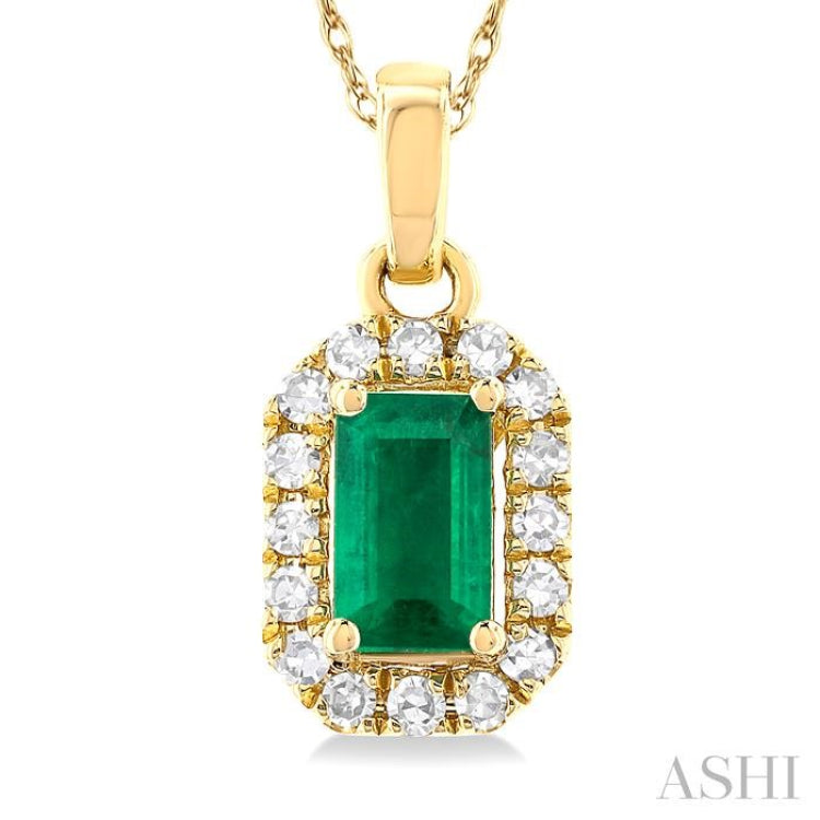 5x3 MM Octagonal Shape Emerald and 1/20 Ctw Single Cut Diamond Halo Precious Pendant with Chain in 10K Yellow Gold