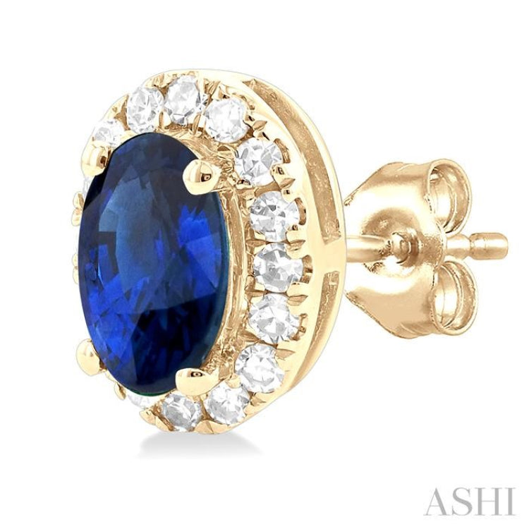 5x3 MM Oval Shape Sapphire and 1/8 Ctw Single Cut Diamond Halo Precious Stud Earrings in 14K Yellow Gold