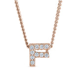 Rose gold finish sterling silver micropave f initial pendant with simulated diamonds on 18 curb chain