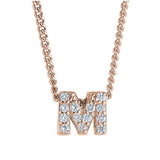 Rose gold finish sterling silver micropave m initial pendant with simulated diamonds on 18 curb chain