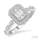 3/8 ctw Emerald Shape Round Cut and Baguette Diamond Fusion Engagement Ring in 14K White Gold