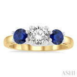 4.65 MM Round Shape Sapphire and 3/4 ctw Past, Present and Future Round Cut Diamond Precious Ring in 14K Yellow and White Gold
