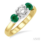 4.30 MM Round Shape Emerald and 5/8 ctw Past, Present and Future Round Cut Diamond Precious Ring in 14K Yellow and White Gold