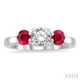4.30 MM Round Cut Ruby and 5/8 ctw Past, Present and Future Round Cut Diamond Precious Ring in 14K White Gold