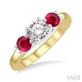 3.90 MM Round Shape Ruby and 1/2 ctw Past, Present and Future Round Cut Diamond Precious Ring in 14K Yellow and White Gold