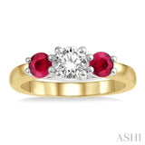3.90 MM Round Shape Ruby and 1/2 ctw Past, Present and Future Round Cut Diamond Precious Ring in 14K Yellow and White Gold