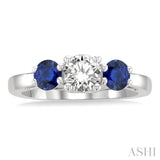 4.30 MM Round Shape Sapphire and 5/8 ctw Past, Present and Future Round Cut Diamond Precious Ring in 14K White Gold