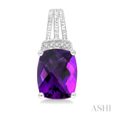 9X7 MM Cushion Shape Amethyst and 1/50 Ctw Looped Round Cut Diamond Semi-Precious Earrings in Sterling Silver