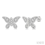 1/10 ctw Petite Milgrain Butterfly Round Cut Diamond Fashion Stud Earring in 10K White Gold