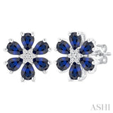 4X3 MM Floral Blossom Pear Cut Sapphire and 1/20 Ctw Round Cut Diamond Precious Stud Earring in 14K White Gold