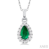 5x3 MM Pear Shape Emerald and 1/20 Ctw Single Cut Diamond Halo Precious Pendant with Chain in 10K White Gold