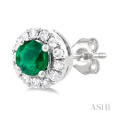 3.25 MM Round Emerald and 1/10 Ctw Single Cut Diamond Halo Precious Stud Earrings in 14K White Gold