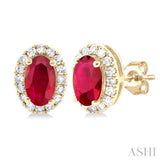5x3 MM Oval Shape Ruby and 1/8 Ctw Single Cut Diamond Halo Precious Stud Earrings in 10K Yellow Gold