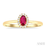 5x3 MM Oval Shape Ruby and 1/20 Ctw Round Cut Diamond Halo Precious Ring in 14K Yellow Gold