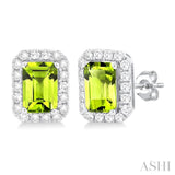 6x4 MM Octagonal Shape Peridot and 1/4 Ctw Round Cut Diamond Halo Semi-Precious Stud Earrings in 10K White Gold