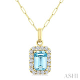 6x4 MM Octagonal Shape Aquamarine and 1/6 Ctw Round Cut Diamond Halo Semi-Precious Pendant with Chain in 10K Yellow Gold