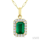 6x4 MM Octagonal Shape Emerald and 1/6 Ctw Round Cut Diamond Halo Precious Pendant with Chain in 10K Yellow Gold