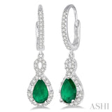 6x4 MM Pear Cut Emerald and 1/2 Ctw Round Cut Diamond Precious Earrings in 14K White Gold