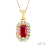 5x3 MM Octagonal Shape Ruby and 1/20 Ctw Round Cut Diamond Halo Precious Pendant with Chain in 14K Yellow Gold