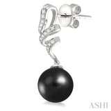 9 MM Black Cultured Pearls and 1/5 Ctw Round Cut Diamond Earrings in 14K White Gold