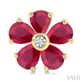 4x3 MM Blossom Pear Shape Ruby and 1/20 Ctw Round Cut Diamond Precious Stud Earrings in 10K Yellow Gold