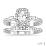 1 Ctw Baguette and Round Cut Diamond Wedding Set With 3/4 Ctw Cushion Shape Oval Cut Engagement Ring and 1/5 Ctw Wedding Band in 14K White Gold
