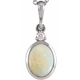 Sterling Silver 9x7 mm Natural White Opal & .03 CT Natural Diamond Cabochon Pendant