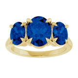 14K Yellow Gold 9x7 mm Oval Lab-Grown Blue Sapphire Three-Stone Ring