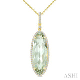 22X8 MM Oval Shape Green Amethyst and 1/4 Ctw Round Cut Diamond Semi-Precious Pendant With Chain in 14K Yellow Gold