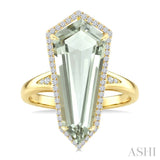 22X9 MM Evoque Gemstone Shield Shape Green Amethyst and 1/4 Ctw Round Cut Diamond Semi-Precious Ring in 14K Yellow Gold