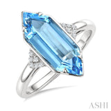 16X6 MM Evoque Gemstones Hexagon Shape Blue Topaz and 1/20 Ctw Round Cut Diamond Semi-Precious Ring in 10K White Gold