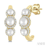 3MM & 4MM Cultured Pearl and 1/4 Ctw Round Cut Diamond Halo Half Hoop Earrings in 14K Yellow Gold