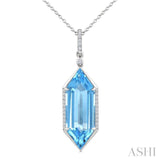 22X8 MM Evoque Gemstones Hexagon Shape Blue Topaz and 1/6 Ctw Round Cut Diamond Semi-Precious Pendant With Chain in 14K White Gold