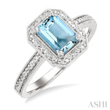 7X5 MM Octagon Shape Aquamarine and 1/50 Ctw Round Cut Diamond Semi-Precious Ring in Sterling Silver