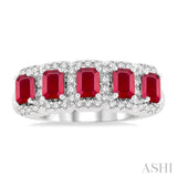 4x3 MM Emerald Shape Ruby and 1/2 Ctw Round Cut Diamond Precious Wedding Band in 14K White Gold
