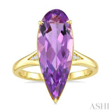 22X8 MM Evoque Gemstones Pear Shape Amethyst and 1/50 Ctw Round Cut Diamond Semi-Precious Ring in 14K Yellow Gold