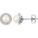 14K White Gold Cultured White Freshwater Pearl & 1/8 CTW Natural Diamond Earrings