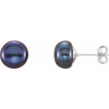 Sterling Silver 8-9 mm Cultured Black Freshwater Button Pearl Earrings