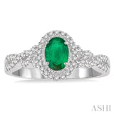 6X4 MM Oval Shape Emerald and 1/5 Ctw Round Cut Diamond Precious Ring in 10K White Gold