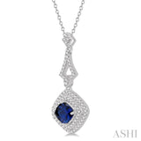 5X5 MM Cushion Shape Sapphire and 1/5 Ctw Round Cut Diamond Precious Pendant With Chain in 14K White Gold