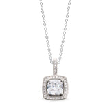 Platinum finish sterling silver micropave cushion cut pendant with 30 simulated diamonds on 18 cable chain