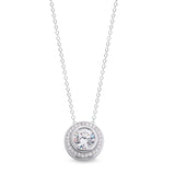 Platinum finish sterling silver micropave round pendant with 28 simulated diamonds on 18 cable chain