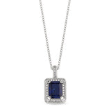 Platinum finish sterling micropave emerald cut synthetic blue corrundum pendant with simulated diamonds on an 18 cable chain