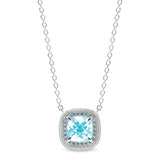 Platinum finish sterling micropave necklace with simulated aquamarine and simulated diamonds on 16 to 18 adjustable cable ch