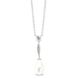 Platinum finish sterling silver micropave pearl drop necklace with simulated daimonds on 16 - 18 adjustable cable chain