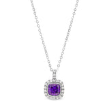 Platinum finish sterling silver micropave simulated amethyst pendant with simulated diamonds on 18 cable chain
