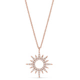 Rose gold finish sterling silver micropave open starburst pendant with simulated diamonds on 16-18 adjustable chain