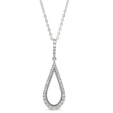 Platinum finish sterling silver micropave teardrop pendant with simulated diamonds on 18 chain