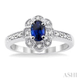 6x4 MM Oval Cut Sapphire and 1/20 Ctw Single Cut Diamond Ring in Sterling Silver